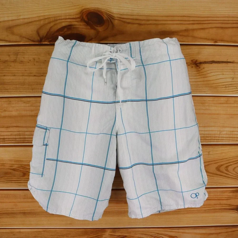 OP‎ Ocean Pacific Swim Trunks Mens M White Gray Stripes Checks Drawstring Pocket
